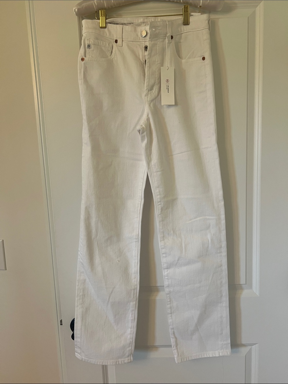 Ag Adriano Goldschmied White Straight-Leg Jeans with Copper Rivets